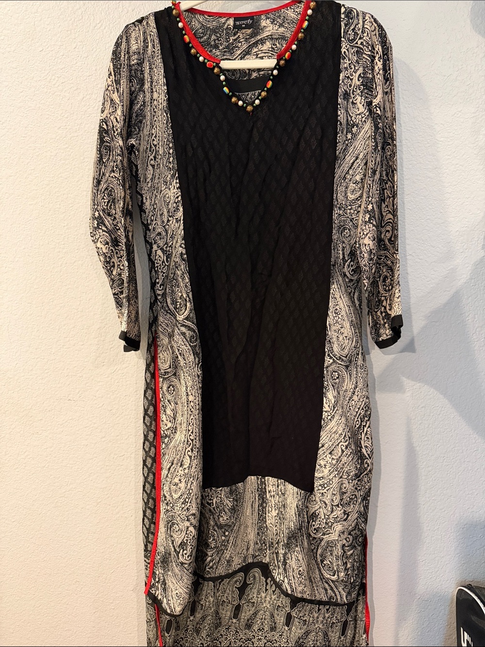 Black & White Paisley Tunic with Beaded Neckline
